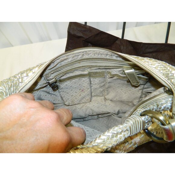 Cole Haan Genevieve Top Zip Hobo Metallic Gold Woven Leather Shoulder Bag - Picture 12 of 16